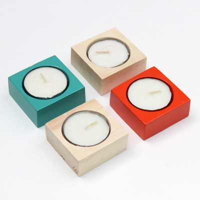 

India Meets India Handmade Wooden Tealight Holder With Tealight Candle - Set Of 4 (038HOUA00001) Wooden 4 - Cup Tealight Holder Set(Red, Blue, Yellow, Pack of 4)