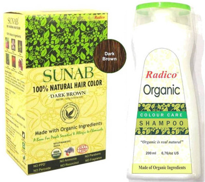 Radico Sunab 100% USDA Certified Organic Hair Color ( Dark Brown ) with Organic Shampoo(Set of 2)