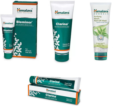 

Himalaya bleminor anti blemish cream,clarina anti acne face wash gel, clarina anti acne cream, neem peel of mask(Set of 4)