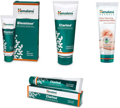 

Himalaya bleminor anti blemish cream,clarina anti acne face wash gel, clarina anti acne cream, deep cleansing apricot face wash(Set of 4)