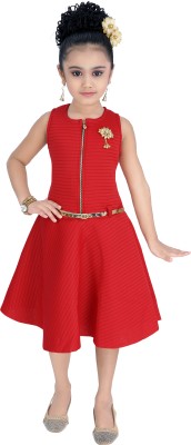 Saarah Girls Midi/Knee Length Party Dress(Red, Sleeveless)