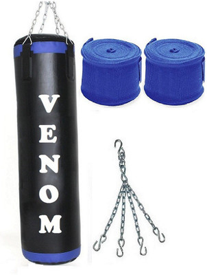 

Venom 6.0 Feet Long, P.U Material, Black and Blue Color, Unfilled with Hanging Chain with 9 Feet Long Blue Color Hand Wraps Pair Boxing Kit