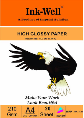 

INK WELL Photo Glossy Paper ,210 gsm ,20 sheets,A4 -castcoat Unruled A4 Photo Paper(Set of 1, White)