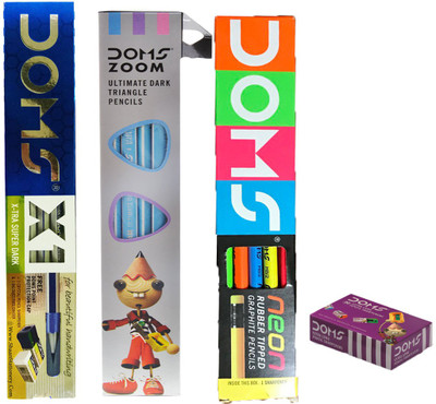 

DOMS DOMS ZOOM PENCIL + DOMS X1 PENCIL + DOMS NEON RUBBER TIPPED PENCIL + DOMS EXTRA LONG PENCIL SHARPENERS Pencil(Set of 4, Multicolor)