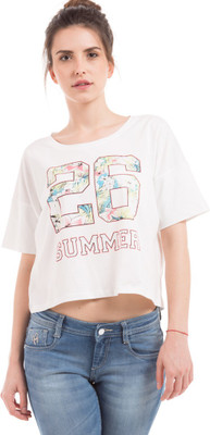 

Flying Machine Printed Women' Round Neck White T-Shirt