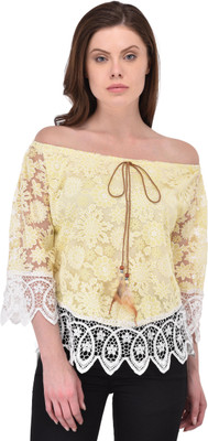 RITU DESIGNS Party 3/4 Sleeve Printed Women Yellow Top
