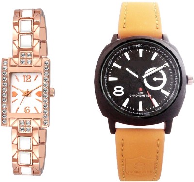 COSMIC LIGHT BROWN BELT SPORTS MEN WATCH & TWO TONE STYLES STRAP LADIES DIAMOND STUDDED PARTY WEAR Watch  - For Couple   Watches  (COSMIC)