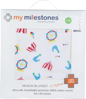 

My Milestones Printed  Swadding Baby Blanket(Cotton, Carnival 3 Layered Muslin Blanket - T Blue