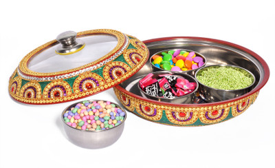 

Sanyal Handmade Decorative Stainless Steel Superior Quality Dry Fruit box cum Mukhwas Tray Set, Big Size , 4 Katori & 1 Container Stainless Steel Bowl Set(Multicolor, Pack of 1)
