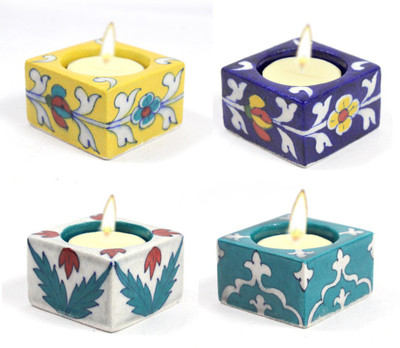 

India Meets India Blue Pottery Art Handmade Decorative Diyas Or Ceramic Diya Set/Tealight Holder with Tealights Candles Qty -4 (0105HOBP00034) Ceramic 4 - Cup Candle Holder(Multicolor, Pack of 4)