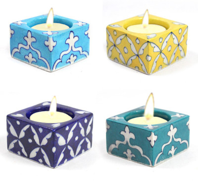 

India Meets India Blue Pottery Art Handmade Decorative Diyas Or Ceramic Diya Set/Tealight Holder with Tealights Candles Qty -4 (0105HOBP00031) Ceramic 4 - Cup Candle Holder(Multicolor, Pack of 4)