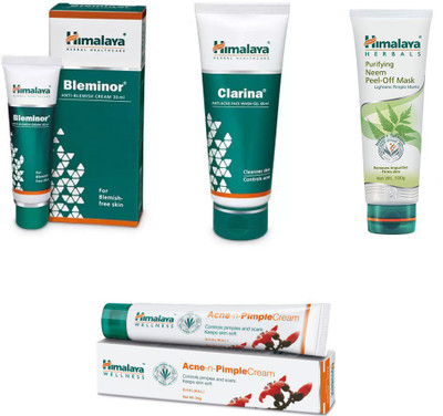 

Himalaya bleminor anti blemish cream,clarina anti acne face wash gel, pimple cream, neem peel of mask(Set of 4)