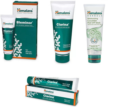 

Himalaya bleminor anti blemish cream,clarina anti acne face wash gel, clarina anti acne cream, moisturising cucumber peel of mask(Set of 4)
