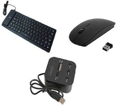 

VU4 Portable Flexible Silicone Foldable Waterproof Wired USB Laptop Keyboard with 2.4Ghz Ultra Slim Wireless Optical Mouse and UNIVERSAL High Speed 2.0 3 Ports With MULTI Card Reader Combo USB Hub Combo Set