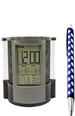 

Tuelip 1 Compartments Metal Mesh Net Digital Round Shape Pen Holder With Digital Lcd Alarm Clock & Web Pen Color Changing Bubble Led Lights Clock(Black)