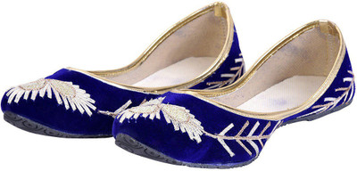

Halowishes Women Golden Zari Blue Velvet Jaipuri Ballerina Sandals - 113- Bellies For Women(Blue, Gold