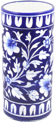 

India Meets India Blue Pottery Vases & Pots /Handmade & Hand Decorated Ceramic Pots & Vases/ Blue Cylindrical Vases & Pots Ceramic Vase(8 inch, Blue)
