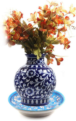 

India Meets India Blue Pottery Handmade Ceramic Floral Design Flower Vase or Pot With Wall Plate Stand Base Ceramic Vase(9 inch, Blue)