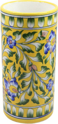

India Meets India Blue Pottery Vases & Pots /Handmade & Hand Decorated Ceramic Pots & Vases/ Yellow Cylindrical Vases & Pots Ceramic Vase(8 inch, Yellow)