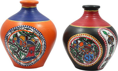 

India Meets India Warli Painting Flower Pot or Vase - Terracotta Clay Warli Handpainted Flower Vase & Pots Qty - 2 Terracotta Vase(6 inch, Multicolor)