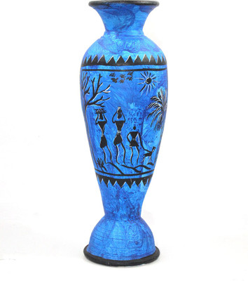 

India Meets India Warli Art Hand Painted Decorative Flower Vase or Pot - Handmade Terracotta Clay Art Flower Vase or Pot Terracotta Vase(15 inch, Blue)