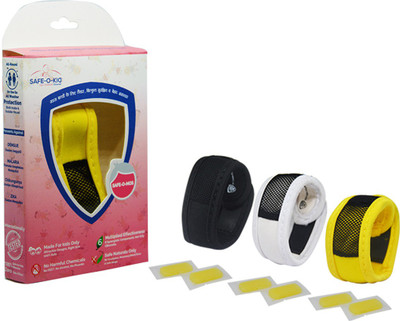 

Safe-O-Kid Set of 3 YELLOW+WHITE+BLACK Anti-Mosquito Band, 6 Refills, 6 FREE Mosquito Patches, DEET-Free, Reusable, Mosquito Repellent Band(Pack of 3)