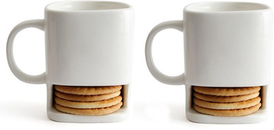 

Mayatra's Pack of 2 Ceramic Cookie Cup With Biscuit Pocket Holder ( 2pcs ) Ceramic Mug(450 ml, Pack of 2), White