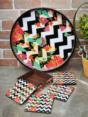 

RANGRAGE Contemporary Floral Serving Tray with Coasters Tray Set(Pack of 2)