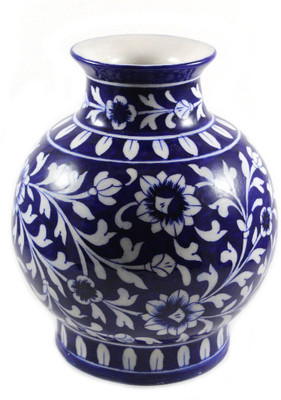 

India Meets India Blue Pottery Art Handmade Ceramic Floral Design Flower Vase or Pot Ceramic Vase(9 inch, Blue)