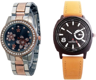 SOOMS LIGHT BROWN BELT SPORTS MEN WATCH & TWO TONE STYLES STRAP HAVING FLOWER PRINTED DIAL LADIES DIAMOND STUDDED PARTY WEAR Watch  - For Couple   Watches  (Sooms)