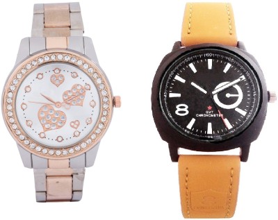 SOOMS LIGHT BROWN BELT SPORTS MEN WATCH & TWO TONE STRAP HAVING HURTS PRINTED DIAL LADIES DIAMOND STUDDED PARTY WEAR Watch  - For Couple   Watches  (Sooms)