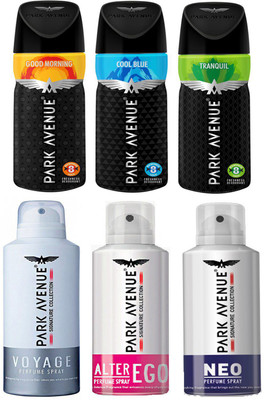 

Park Avenue Gm, CB, Tranquil, Voyage, Alter Ego, Neo Deodorant Spray - For Men(130 ml, Pack of 6)
