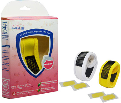 Safe-O-Kid Set of 2 (YELLOW+WHITE) Anti-Mosquito Band, 4 Refills, 6 FREE Mosquito Patches, DEET-Free, Reusable, Mosquito Repellent Bracelet(Pack of 2)