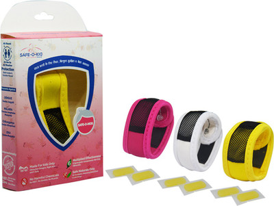 

Safe-O-Kid Set of 3 YELLOW+WHITE+PINK Anti-Mosquito Band, 6 Refills, 6 FREE Mosquito Patches, DEET-Free, Reusable, Mosquito Repellent Band(Pack of 3)