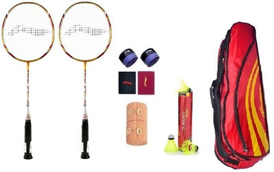 

Li-Ning Combo of Nine, Two 'G-Tek 98 I I ' Badminton Racquets, Two Wrist Bands, Two Badminton Grips , One Kitbag , 1 Crepe bandge and One Turbo T800 (Pack of 6) shuttle cock box. Badminton Kit