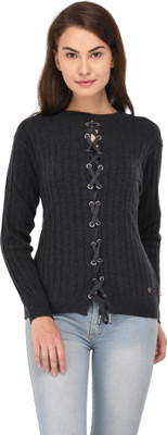 Leebonee Solid Round Neck Casual Women Reversible Grey Sweater