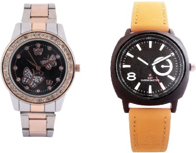 COSMIC LIGHT BROWN BELT SPORTS MEN WATCH & TWO TONE STYLES STRAP BUTTERFLY PRINTED LADIES Watch  - For Couple   Watches  (COSMIC)