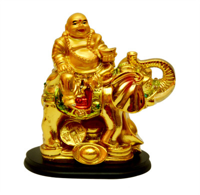 

Vastu Art Vastu / Fengshui / Laughing Buddha Sit On A Elephant Decorative Showpiece - 12 cm(Polyresin, Gold)