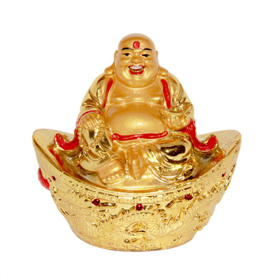 

Vastu Art Vastu / Fengshui / Laughing Buddha Sitting On Money Ingot For Health , Wealth And Good Luck Decorative Showpiece - 10.5 cm(Polyresin, Gold)