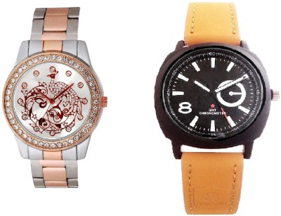 COSMIC LIGHT BROWN BELT SPORTS MEN WATCH ,& TWO TONE STYLES STRAP HAVING PEACOCK PRINTED DIAL LADIES DIAMOND STUDDED PARTY WEAR Watch  - For Couple   Watches  (COSMIC)