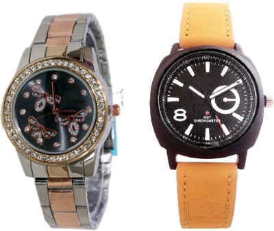 SOOMS LIGHT BROWN BELT SPORTS MEN WATCH & TWO TONE STRAP PRINTED LADIES Watch  - For Couple   Watches  (Sooms)
