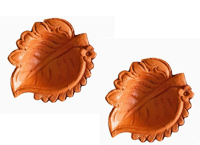 

Sita 2 Flower bow Leaf Earthenware (Pack of 2) Table Diya Set(Height: 1.7 inch)
