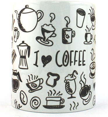 JUVIXBUY White and Black Printed Coffee Ceramic Mug(325 ml), Multicolor