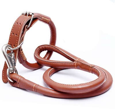 

Sollar's Premium Round Strong Genuine Leather Dog Collar & Leash(, Brown