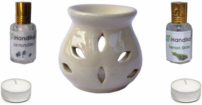 iHandikart Lavender & Lemon Grass Diffuser Set 2 Aroma Oil 10 ml Bottle With 1 '3' inch Burner and 2 Candle(5 x 4 ml)