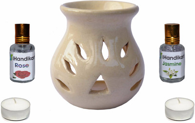 iHandikart Rose & Jasmine Diffuser Set 2 Aroma Oil 10 ml Bottle With 1 '4' inch Burner and 2 Candle(5 x 4 ml)
