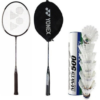 

Yonex Combo Of Three, Two GR-303 Saina Nehwal Special Edition Badminton Racquet (With Half Cover) and One Mavis-500 (Pack of 6) shuttle cock. Badminton Kit