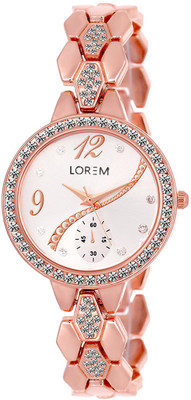 View LOREM New LR215 Rose Gold Metal Diamond Studed Chronograph Pattern Bracelet Girls Watch  - For Women Wrist Watches Price Online(LOREM)