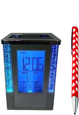 Tuelip 1 Compartments Plastic Combo Cube Shape Pen Holder with Digital LCD Alarm Clock & Web Pen, Colour Changing Bubble LED Lights(Black) available at flipkart for Rs.450