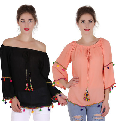 Emeros Casual 3/4 Sleeve, Full Sleeve Self Design Women Black, Orange Top Emeros Casual 3/4 Sleeve, Full Sleeve Self Design Women Black, Orange Top